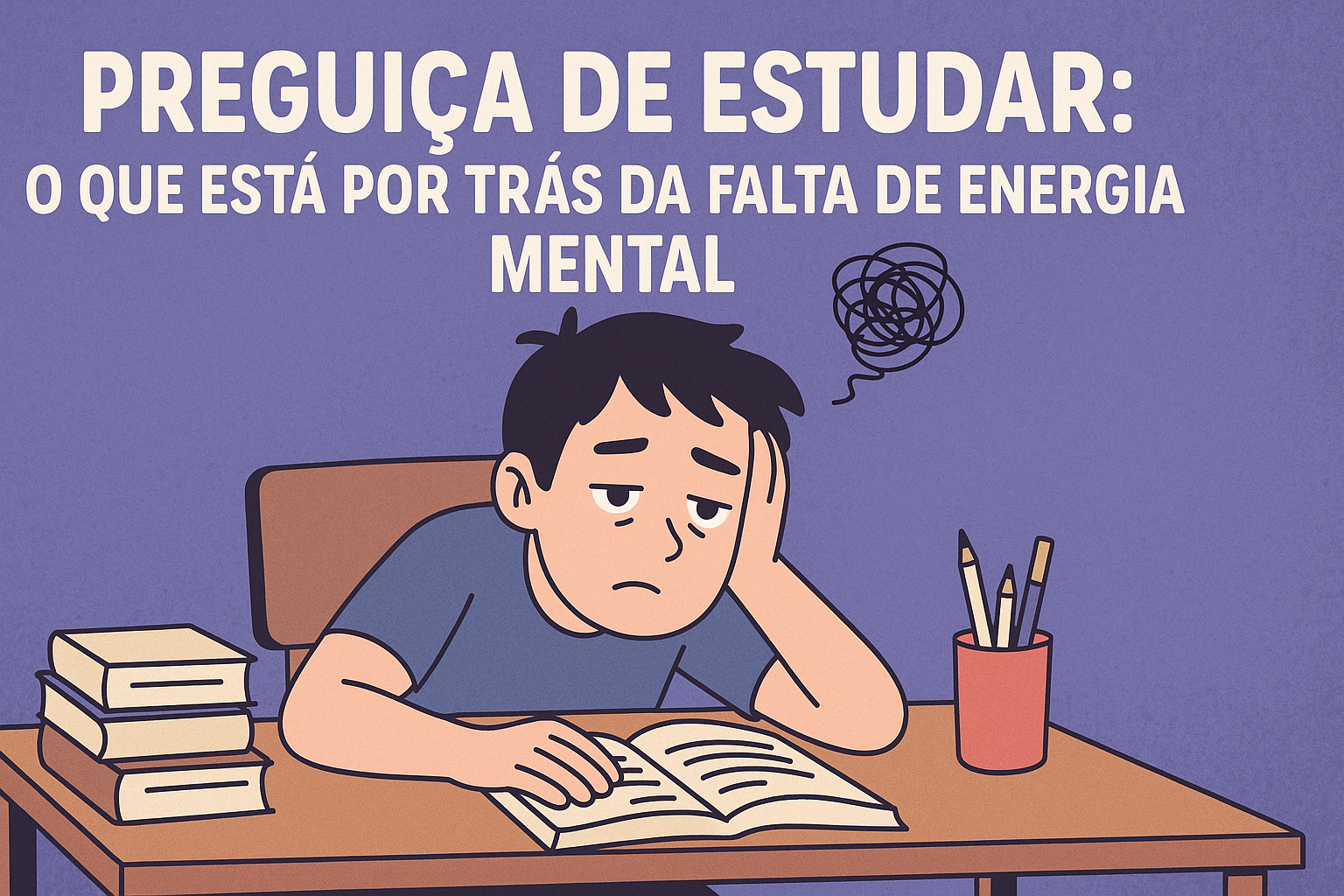 Pessoa sentada à mesa com livros abertos, olhando para o material com expressão de cansaço e dificuldade para começar a estudar