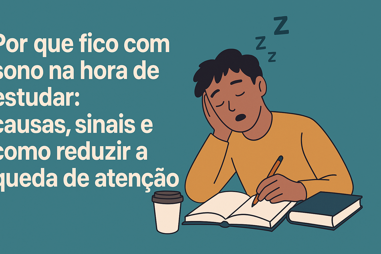 Pessoa estudando com expressão de cansaço e sonolência diante de livros e notebook